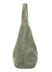 Sage suede women's shopper bag TORES-1177-8F(W26), side product view on white background.