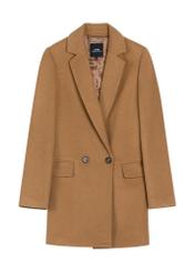 Women's woolen coat in camel color PLADT-0071-1K(Z26), front product view on white background.