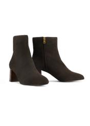 Brown suede high-heeled ankle boots BUTYD-1218-89(Z25), diagonal product view on white background.