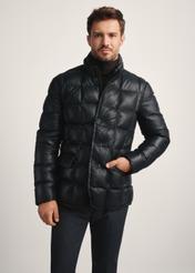 Black men's leather insulated jacket KURMS-0375-2872(Z25), front view of the product on the model, half of the silhouette visible.-02