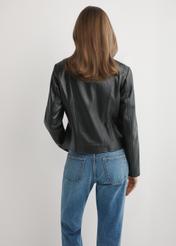 Women's black leather jacket KURDS-0603-99(W26) - back view of the product, on a model, against a light background. Knee-length silhouette visible.