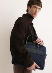 Navy blue men's laptop bag TORMN-0440-7D(Z26), side view of the product on the model. Half of the silhouette visible.