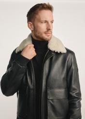 Black men's leather pilot jacket KURMS-0378-2745(Z25), front view of the product on the model, half of the silhouette visible.