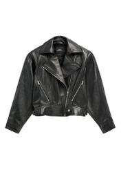 Women's short black leather jacket KURDS-0607-99(W26) - front product view, on white background.