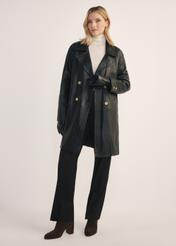 Women's leather jacket in the form of a coat KURDS-0443-1313(Z25), product view from the front on the model, the entire silhouette is visible.