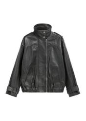 Black oversize leather jacket KURDS-0623-99(Z26), front product view on white background.