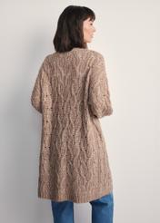 Women's long cardigan in camel color KARDT-0055-24(Z25), product view from the back on the model. Half of the silhouette visible.