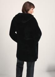 Women's black fur coat with hood FUTDP-0073-99(Z25) - back view of the product on a model against a white background. Knee-length silhouette visible.