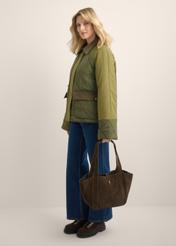Women's brown suede shopper bag TORES-1422-1I(Z26), front view of the product on a model. Full body visible.