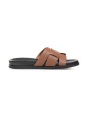 Women's camel leather slides BUTYD-1163-1D(W26), side product view on white background.