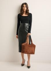 Cognac suede large women's handbag TORES-1169-1F(W26), product view in model's hand. Full body visible.