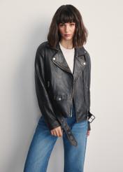 Dark brown women's leather jacket KURDS-0563-2729(Z25), front view of the product on the model. Half of the silhouette visible.