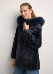 Women's double-sided leather sheepskin coat KOZDS-0094-1397(Z25), front view of the product on a model. Half of the silhouette visible.