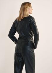 Women's black leather jacket KURDS-0184-99(KS), back view of the product on the model. Half of the silhouette visible.