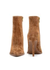 Cognac suede high heel ankle boots BUTYD-1207-1F(Z26), front and back product view on white background.