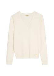 Cream V-neck sweater SWEDT-0201-0B(W26), front product view on white background.