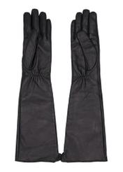 Long leather black women's croco gloves REKDS-0088-9G(Z26), product view from the back on a white background.