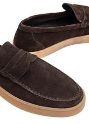 Men's brown leather moccasins BUTYM-0498-1I(W26), close-up of the product detail on a white background.