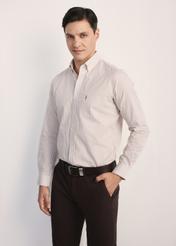 Men's cotton shirt in light beige checks KOSMT-0277-24(Z25), front view of the product on the model, half of the silhouette visible.