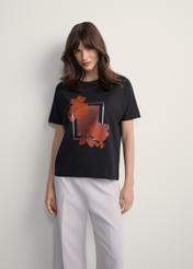 Black women's T-shirt with print TSHDT-0146-99(Z25), front view of the product on the model. Half of the silhouette visible.