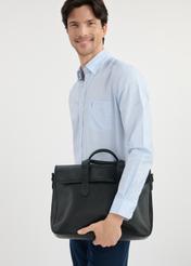 Black men's leather briefcase TORMS-0447-99(W25), front product view on the model's silhouette. Half of the silhouette visible.