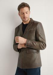 Men's brown leather jacket KURMS-0402-1H(W26) - front view of the product, on a model, against a light background. Half of the silhouette visible.