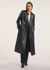 Black women's leather coat KURDS-0546-5344(Z25), product visible from the front on the model, the entire silhouette is visible.