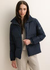 Women's navy blue monogram-print jacket with a stand-up collar (KURDT-0694-7E(Z26)); front view on a model, showing half of the figure.