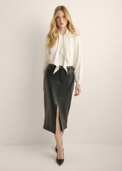 Black leather midi skirt SPCDS-0071-5344(Z25). Front view of the product on a model. The entire silhouette is visible.