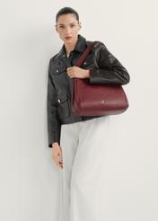 Dark red leather women's shopper bag TORES-0636D-4C(W26) - product view slightly diagonal, on a model, against a light background. The entire silhouette is visible.