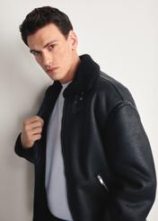 Men's black sheepskin coat KOZMP-0009-99(Z25) - front view of the product on a white background. Half of the silhouette visible.
