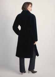Women's faux fur coat with belt FUTDP-0002A-99(Z25), product view from the back on the model, the whole silhouette is visible.