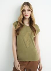 Women's olive T-shirt with applique TSHDT-0066-55(W22)-02