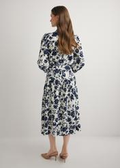 Blue floral midi dress SUKDT-0270-7P(W26), back view of the product on the model. Full silhouette visible.