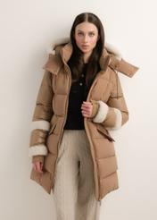 Beige women's winter jacket KURDT-0697-1B(Z26), front view on a model. Half-body shot.