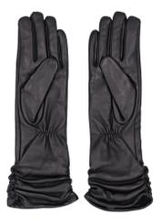 Women's black leather gloves with ruffles REKDS-0102-99(Z26), product view from above on white background.