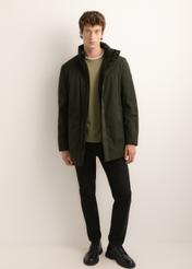 Green men's long winter jacket KURMT-0432-8B(Z26), front product view on model. Full body visible.