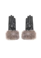 Women's black leather gloves with fur trim REKDS-0111-99(Z26), rear view of the product on a white background.