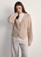 Beige women's cardigan KARDT-0036-81(Z25), front view of the product on the model. Half of the silhouette visible.