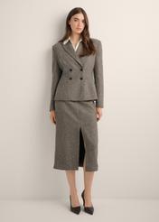 Gray wool midi skirt SPCDT-0133-9D(Z26), product view from the front on the model, the whole silhouette is visible.