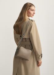 Brown small women's handbag TOREC-0768-1K(W26), product view on model's shoulder. Half of silhouette visible.