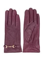Burgundy women's leather gloves with buckle REKDS-0087-49(Z25), front product view on white background.