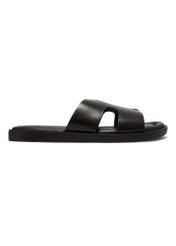 Men's black leather flip-flops BUTYM-0535-99(W26), side view of the product on a white background.