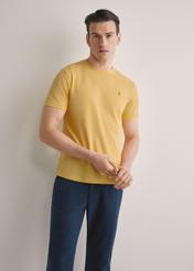 Men's yellow cotton t-shirt TSHMT-0136-2B(W26), front view of the product on the model. Half of the silhouette visible.