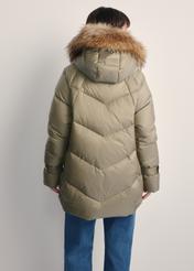 Women's olive green jacket with natural insulation KURDT-0619-57(Z25) - product view from the back on a white background. Half of the silhouette visible.