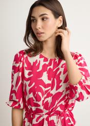 Pink floral viscose dress SUKDT-0271-5P(W26), front view of the product on the model. Half of the silhouette visible.