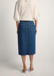 Denim midi skirt SPCDT-0119-7H(W26), back view of the product on the model. Half of the silhouette visible.