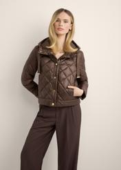 Women's brown short quilted jacket KURDT-0678-1H(Z26), front view of the product on the model. Half of the silhouette visible.