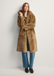 Women's khaki fur coat FUTDP-0070-55(Z25), front view of the product on the model, the entire silhouette is visible.