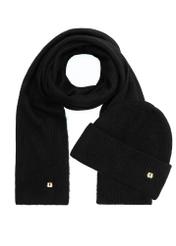 Black women's winter scarf SZADT-0202-99(Z25), product view complete with hat on white background.